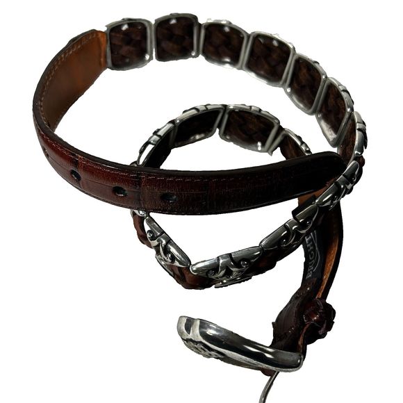 Vintage 1996 Brighton Brown Embossed Leather Belt Sz S Silver Metal Edges Buckle - Picture 15 of 15